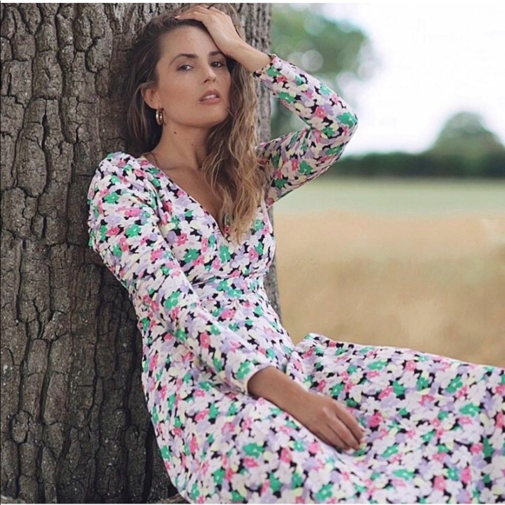 H&M Conscious Floral Print Lyocell-blend Ruched long sleeves Midi Sundress Large